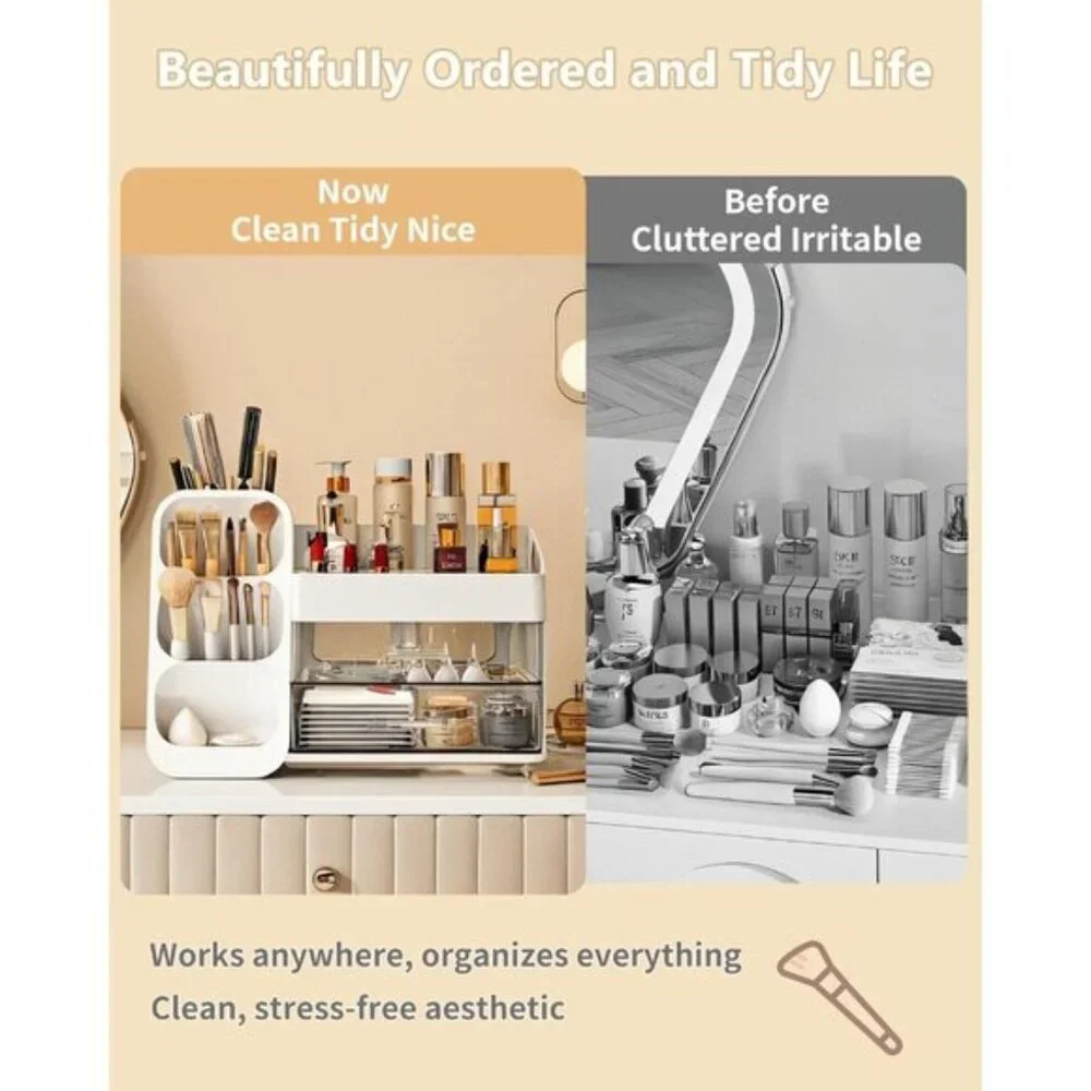 Large White Makeup Organizer with Drawers for Vanity, Skincare & Countertop Use